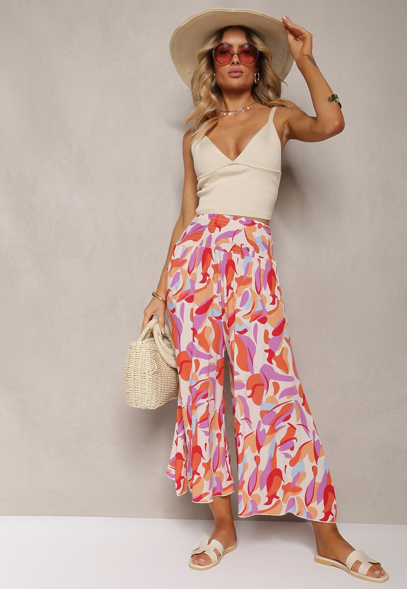 Pantaloni Culottes Bej și Roz din Viscose cu Talie Înaltă și Elastic în Talie Alaqinta 1