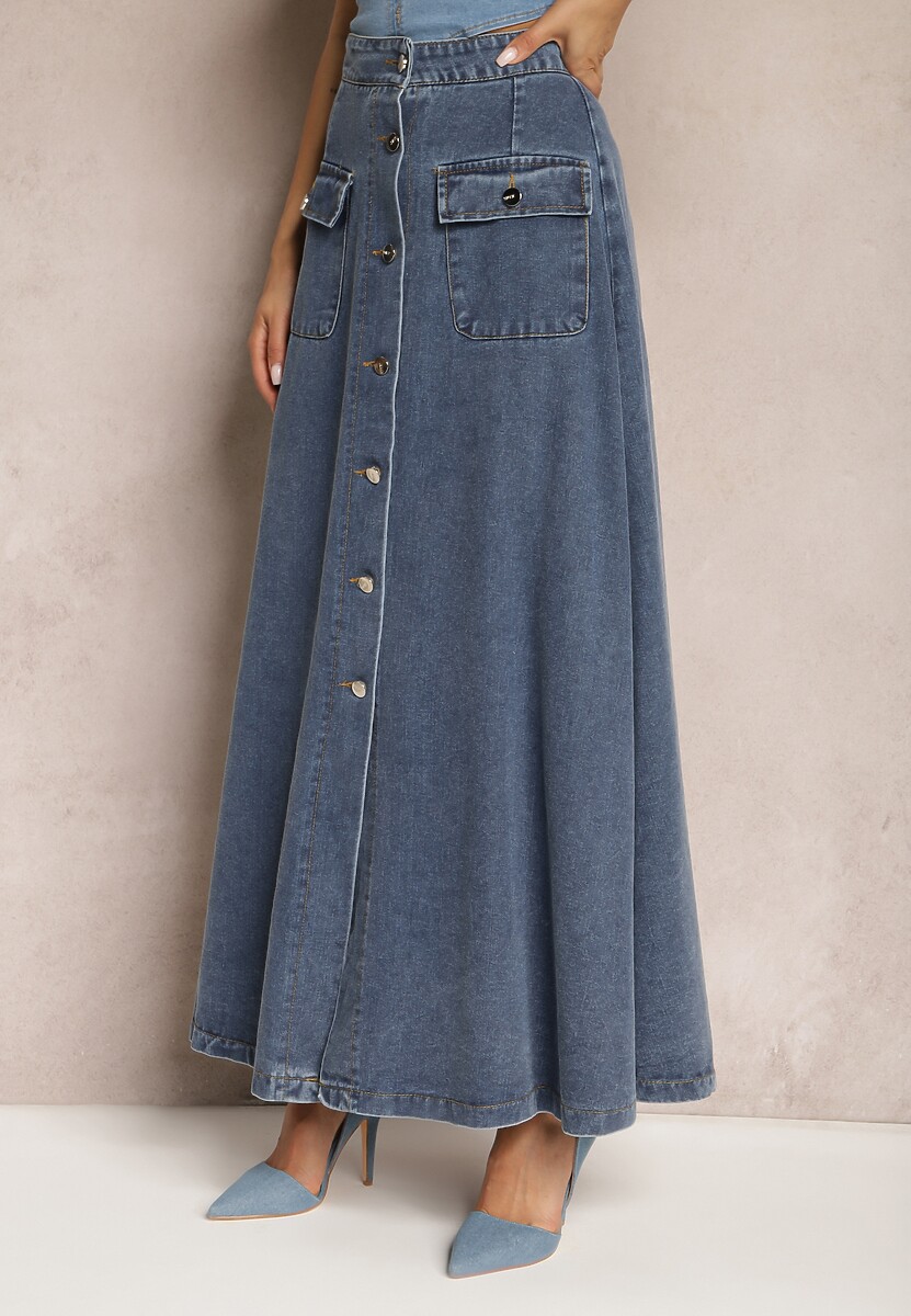 Fustă Evazată Bleumarin Maxi Din Denim Din Bumbac Cu Nasturi