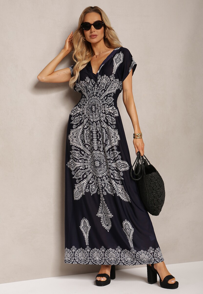 Rochie Albastră de Vară cu Elastic în Talie Decolteu Încrucișat și Imprimeu Ornamental Avilepea 1
