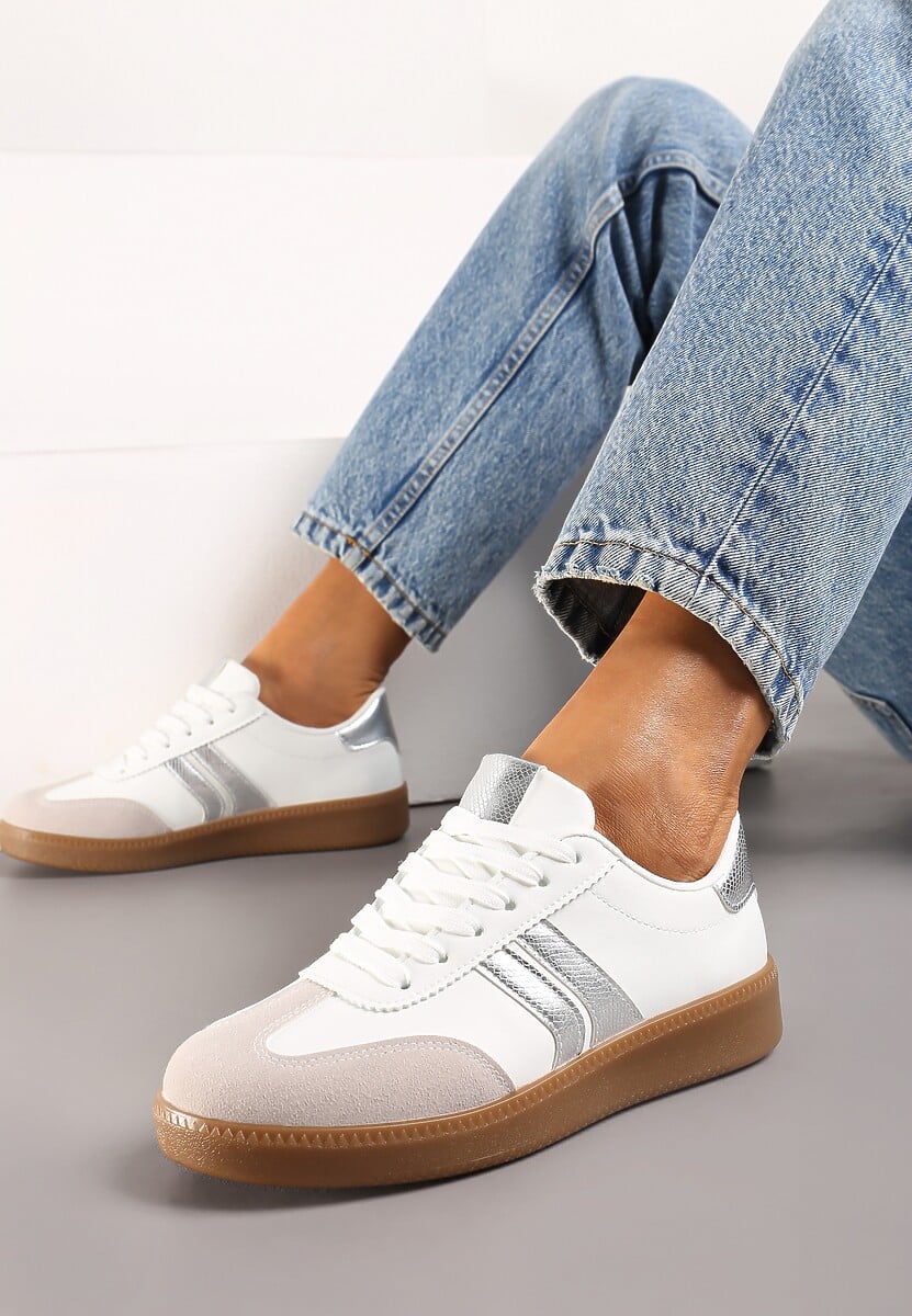 Sneakers Albi-Argintii cu Șireturi și Talpă de Cauciuc Gialessa 2