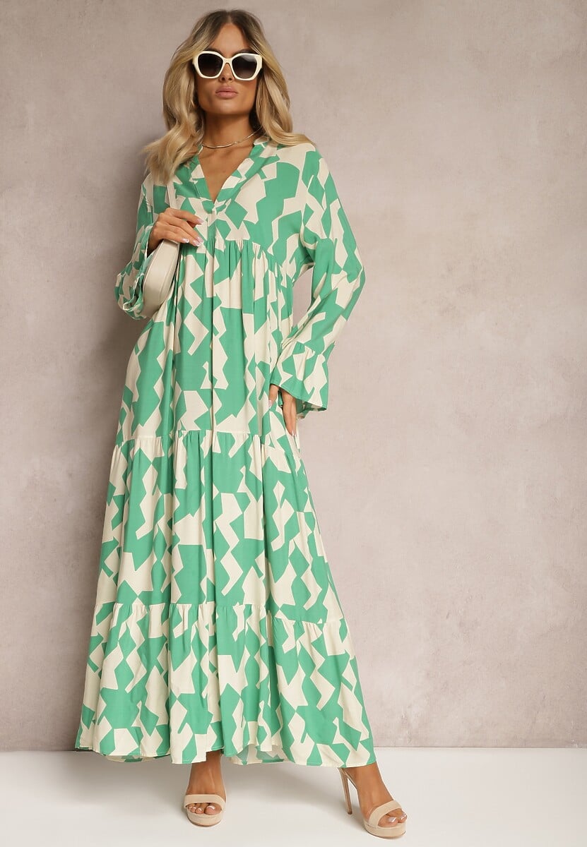 Rochie verde din viscoză evazată cu mâneci evazate Tesakate 2