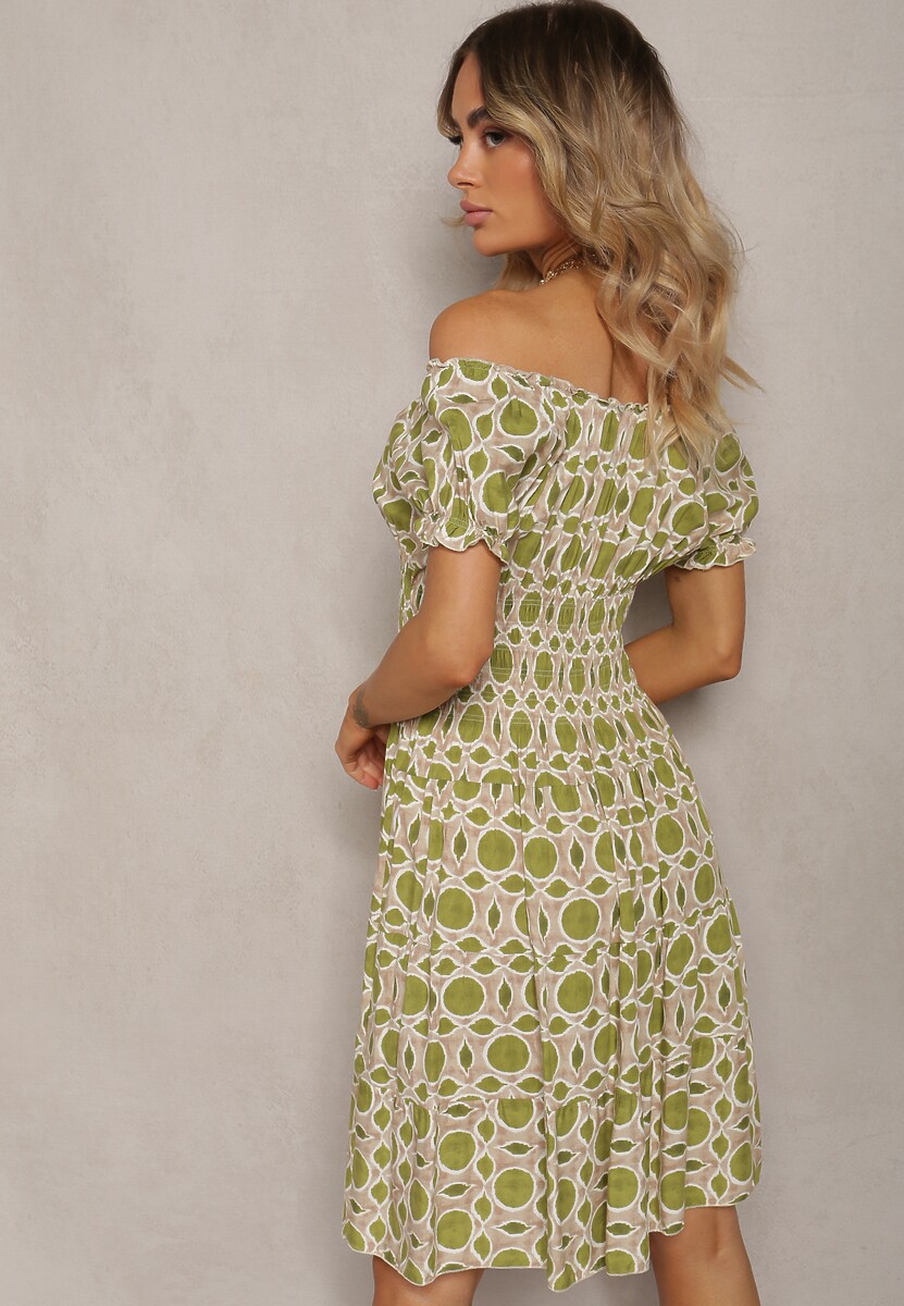 Rochie verde Spaniolă din Viscoză cu Elastic în Talie și Nasturi Ornamentați Sunalla 3