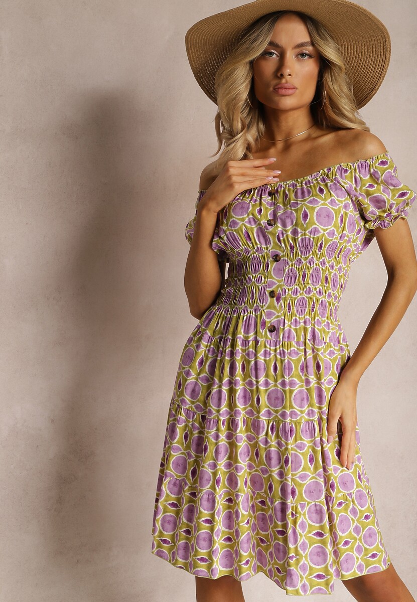 Rochie Violet-Verde Spaniolă din Viscoză cu Elastic în Talie și Nasturi Decorativi Sunalla 2