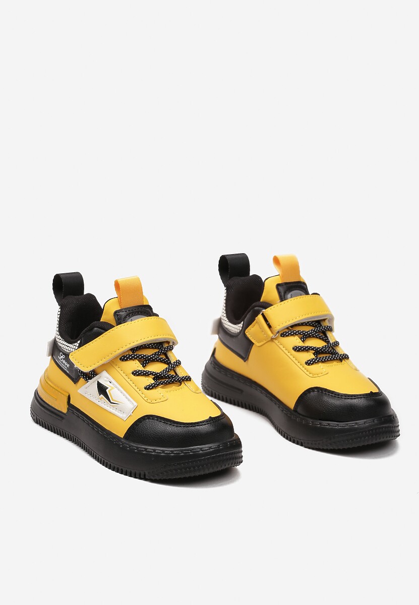 Żółto-Czarne Buty Sportowe Sneakersy ze Skórzaną Wkładką i Metaliczną Naszywką Pezisya 2