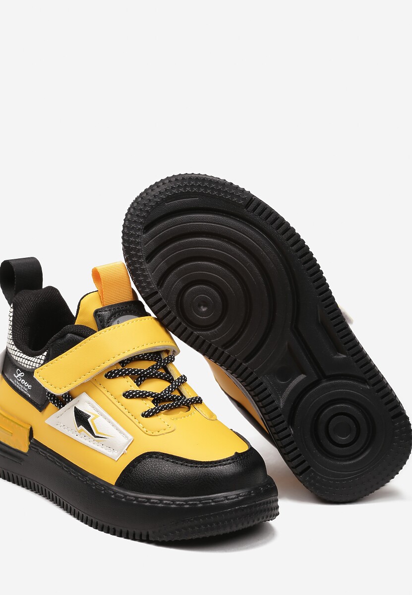 Żółto-Czarne Buty Sportowe Sneakersy ze Skórzaną Wkładką i Metaliczną Naszywką Pezisya 3