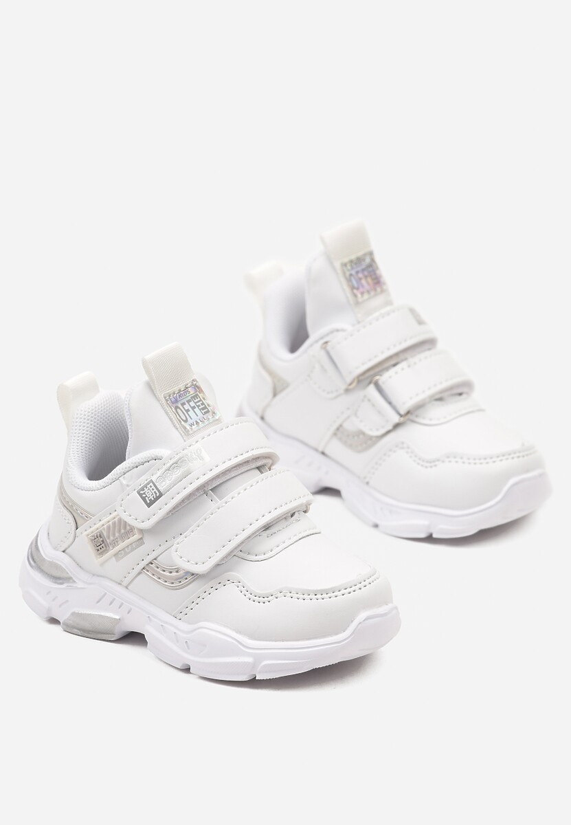 Biało-Srebrne Buty Sportowe Sneakersy na Płaskiej Tłoczonej Podeszwie z Napisami Sofinia 2