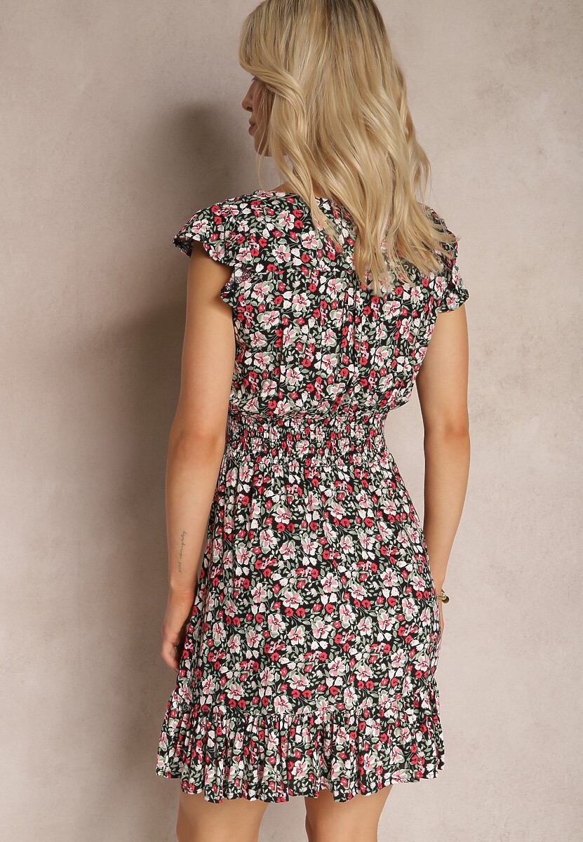 Rochie Negru-Roz cu Model Floral cu Elastic în Talie și Fundă la Decolteu Tovilla 3