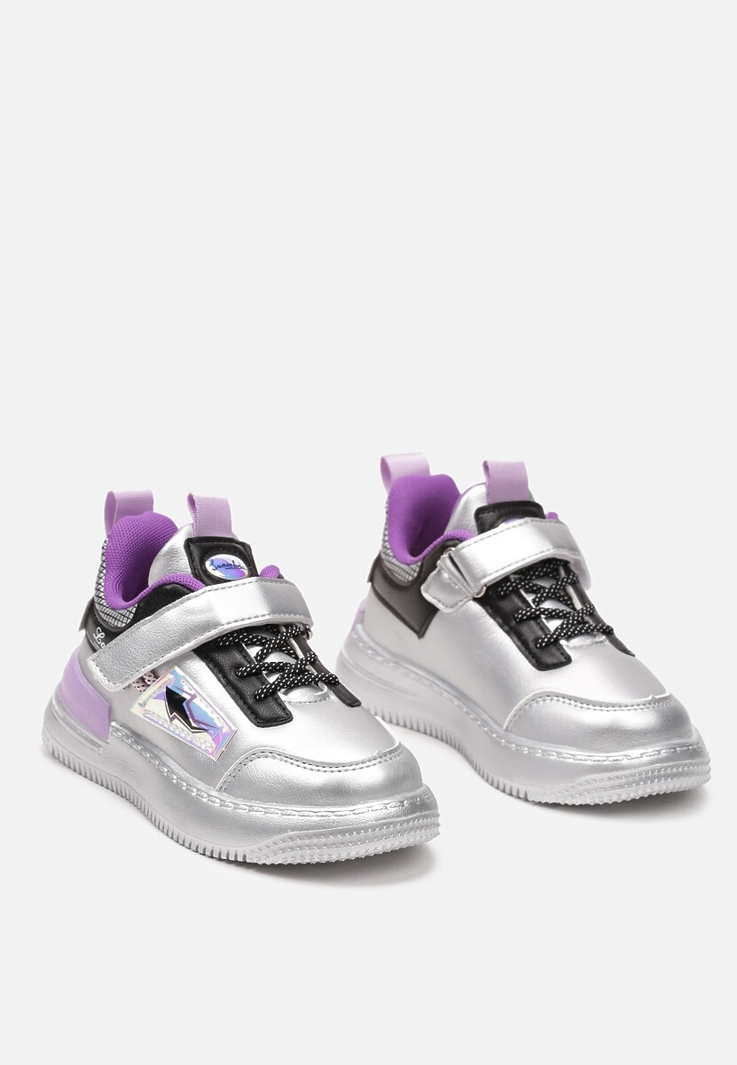 Srebrno-Fioletowe Buty Sportowe Sneakersy ze Skórzaną Wkładką i Metaliczną Naszywką Pezisya 2