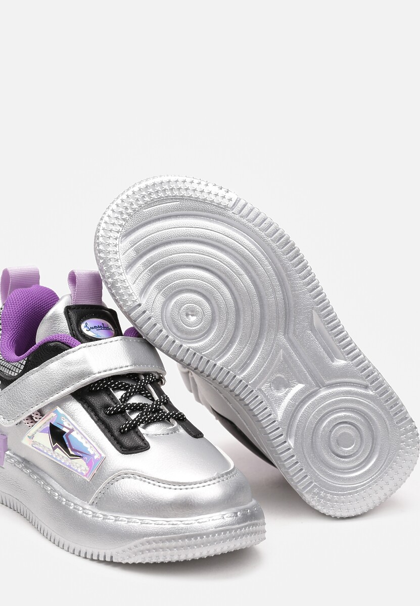 Srebrno-Fioletowe Buty Sportowe Sneakersy ze Skórzaną Wkładką i Metaliczną Naszywką Pezisya 3