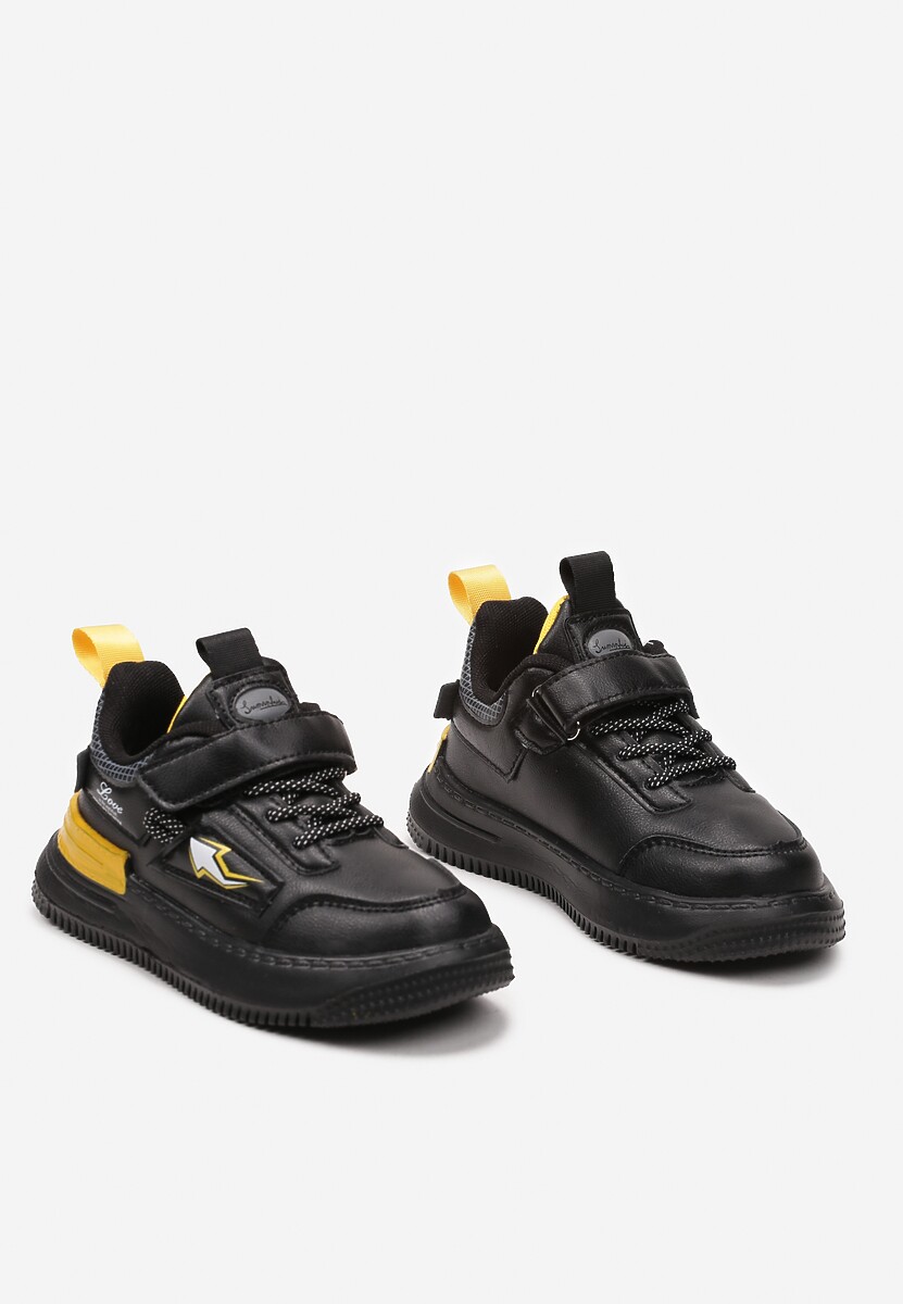 Czarno-Żółte Buty Sportowe Sneakersy ze Skórzaną Wkładką i Metaliczną Naszywką Pezisya 2