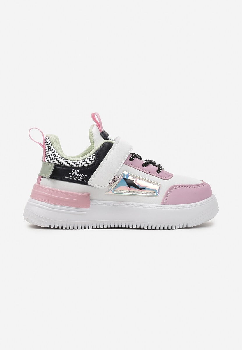 Biało-Różowe Buty Sportowe Sneakersy ze Skórzaną Wkładką i Metaliczną Naszywką Pezisya 1