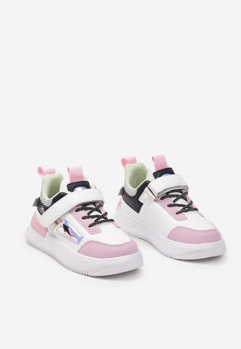 Biało-Różowe Buty Sportowe Sneakersy ze Skórzaną Wkładką i Metaliczną Naszywką Pezisya 2