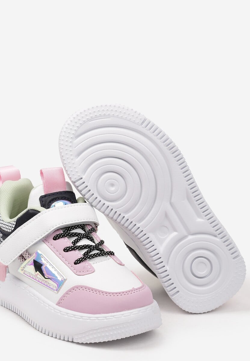 Biało-Różowe Buty Sportowe Sneakersy ze Skórzaną Wkładką i Metaliczną Naszywką Pezisya 3