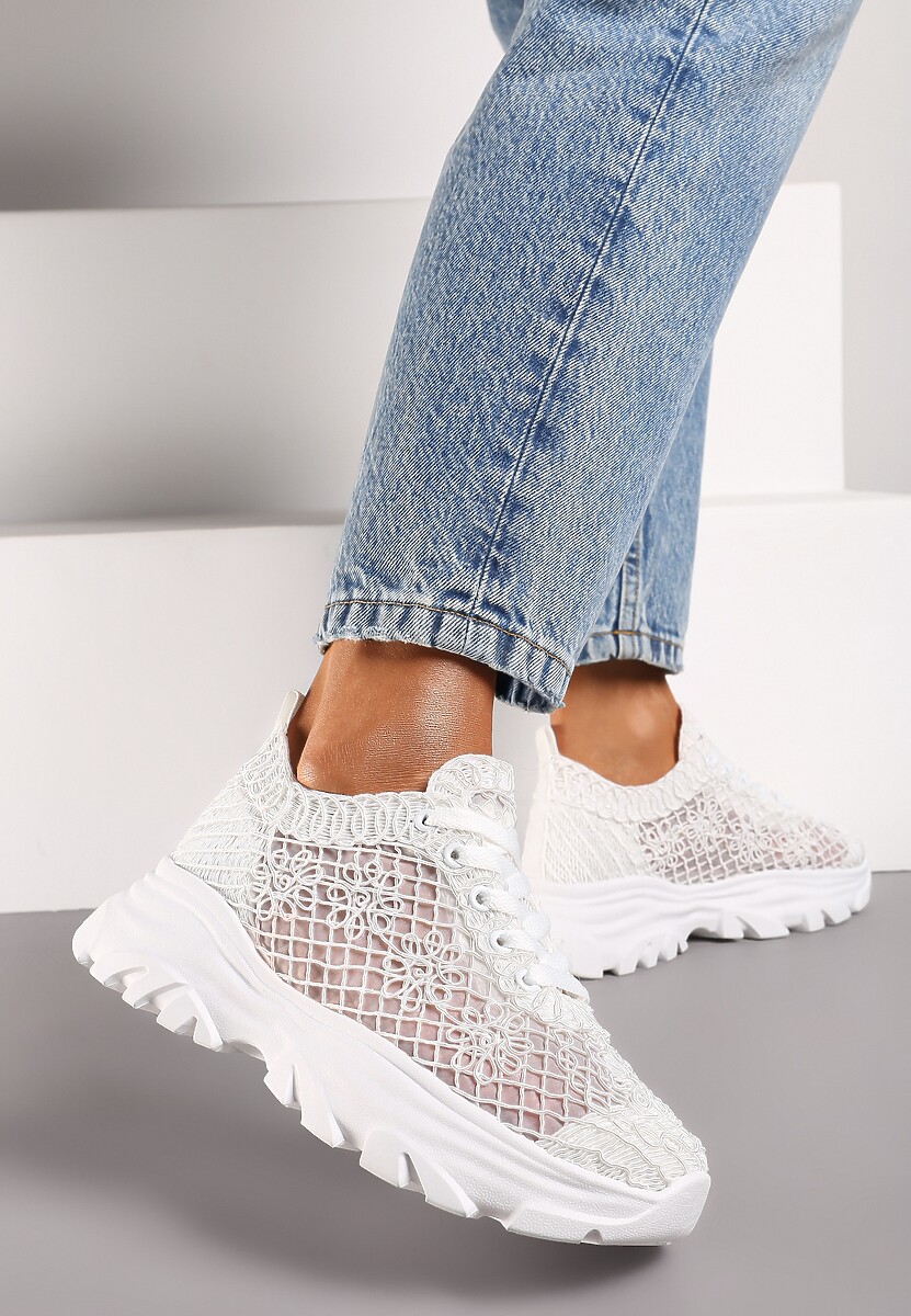 Białe Ażurowe Sneakersy na Niskiej Platformie przed Kostkę Timane 2