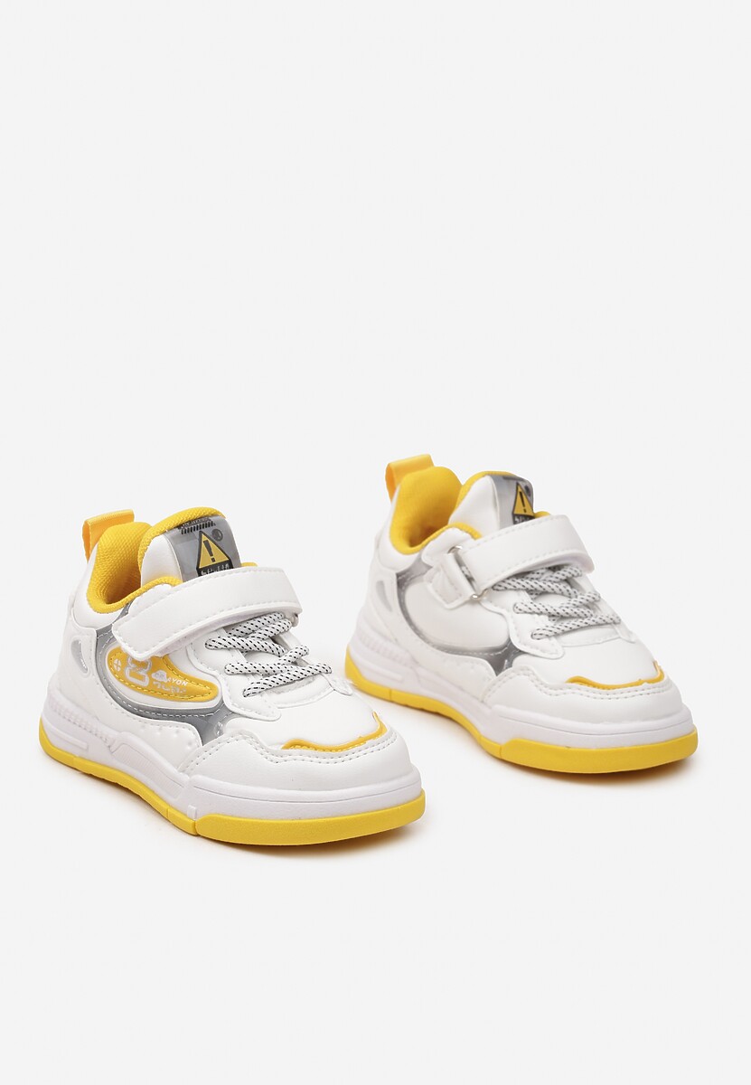 Biało-Żółte Płaskie Buty Sportowe Sneakersy z Geometrycznym Wzorem Adevea 2