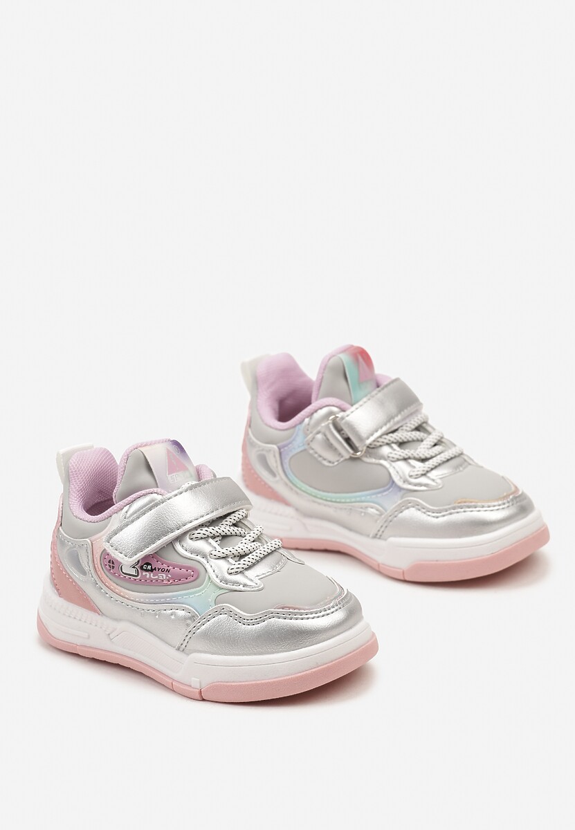 Srebrno-Szare Płaskie Buty Sportowe Sneakersy z Geometrycznym Wzorem Adevea 2