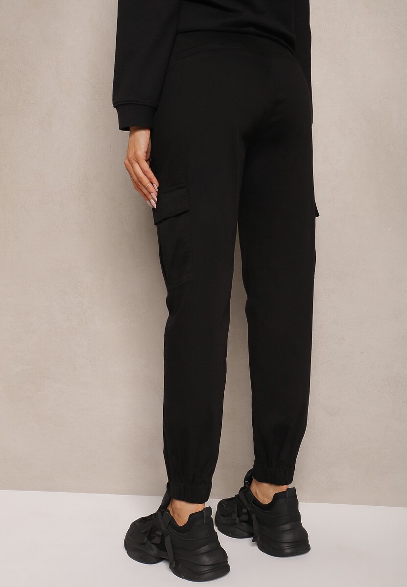 Pantaloni negri High Waist din bumbac stil cargo cu elastic la glezne și curea Citia 3