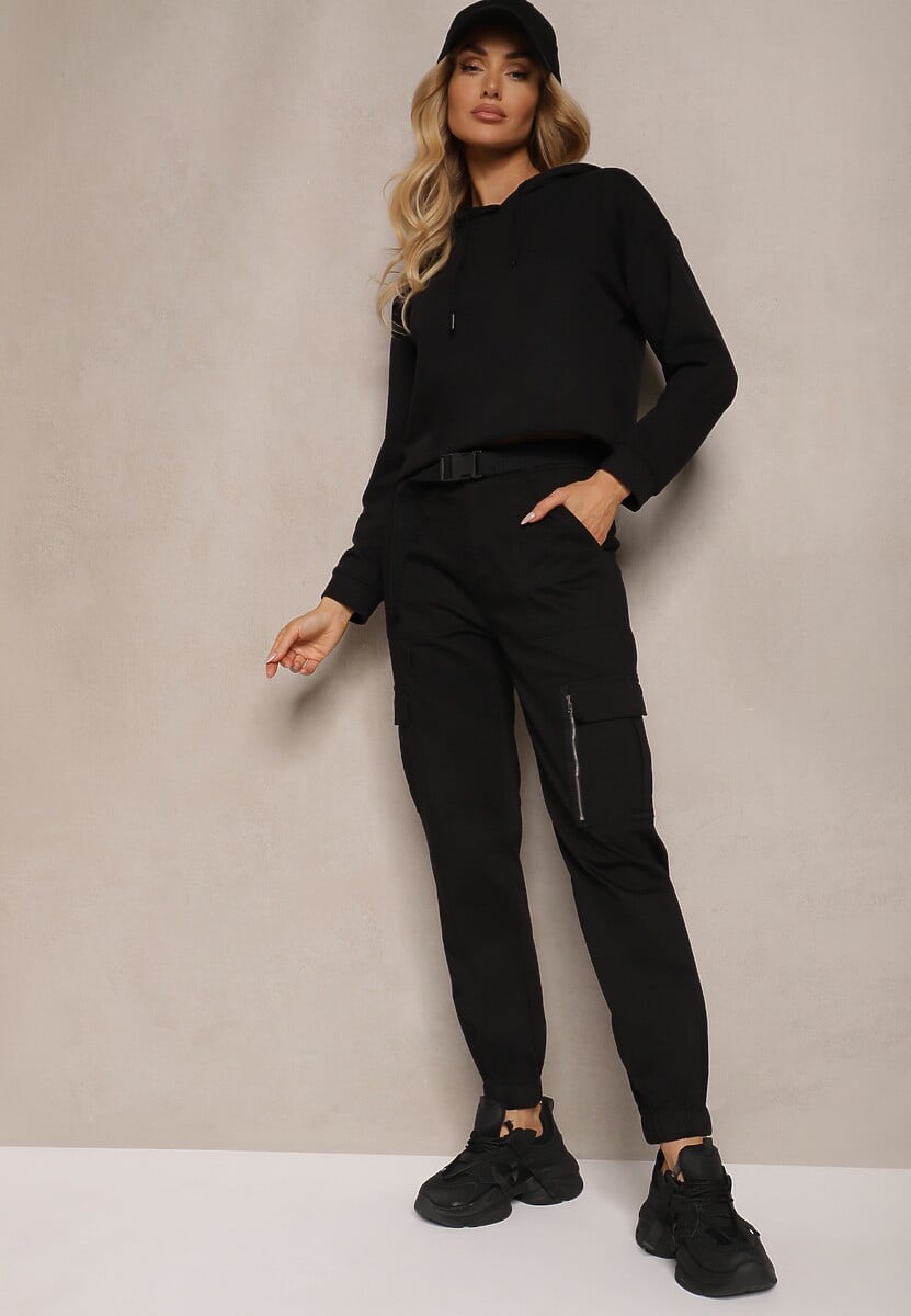 Pantaloni negri High Waist din bumbac stil cargo cu elastic la glezne și curea Citia 1