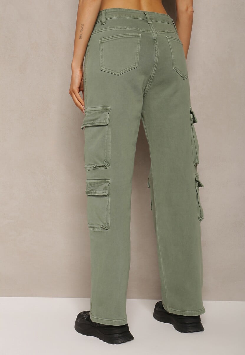 Pantaloni verzi tip cargo din bumbac cu talie înaltă cu buzunare Zefara 3