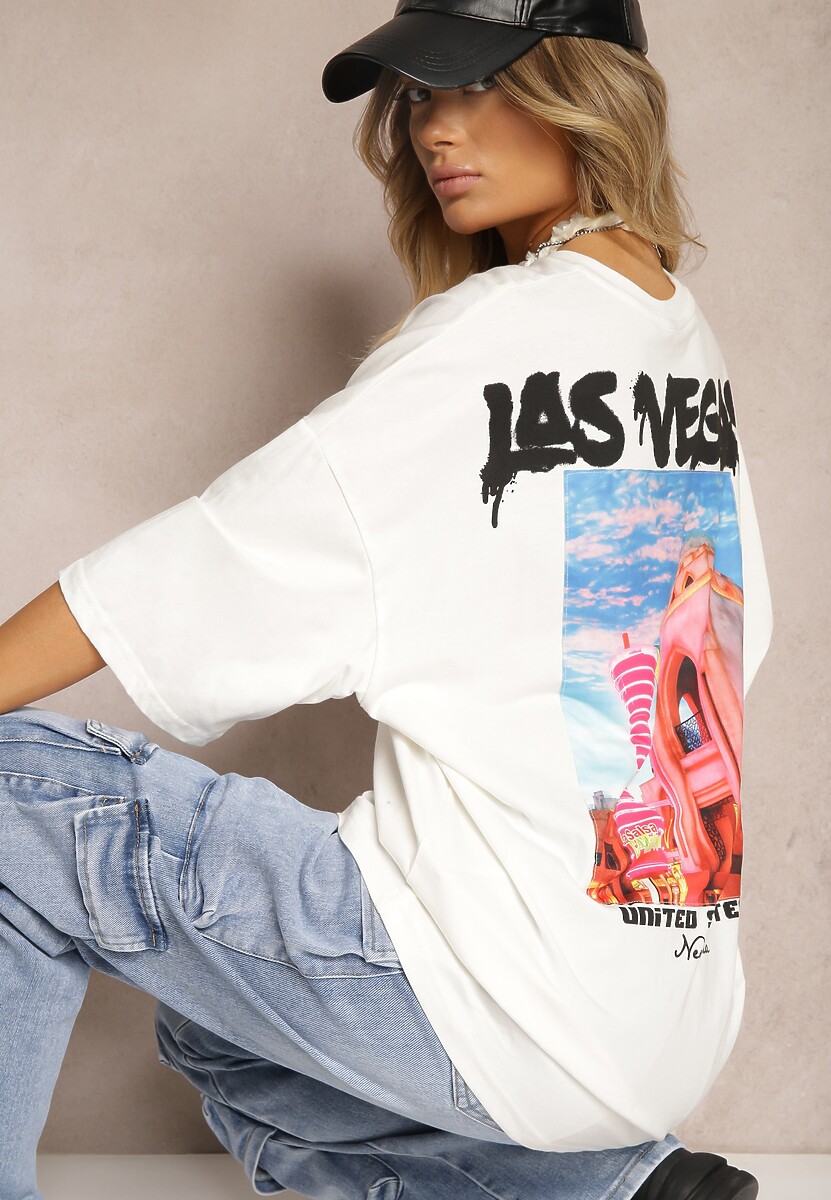 Biało-Kremowa Koszulka T-shirt o Kroju Oversize z Kolorowym Nadrukiem na Plecach Tarimea 1