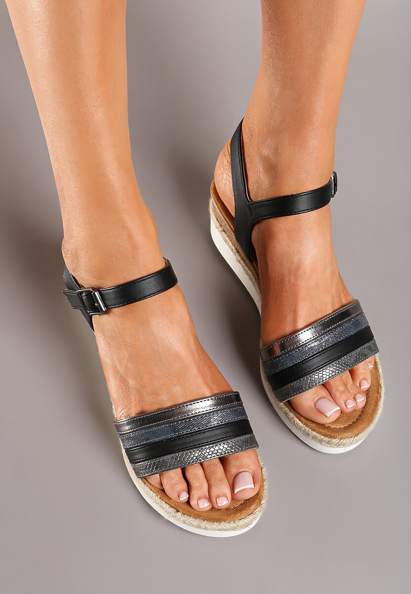 Sandale Negre din Imitatie de Piele pe Platforma cu Sclipici si Catarama Meafina 3