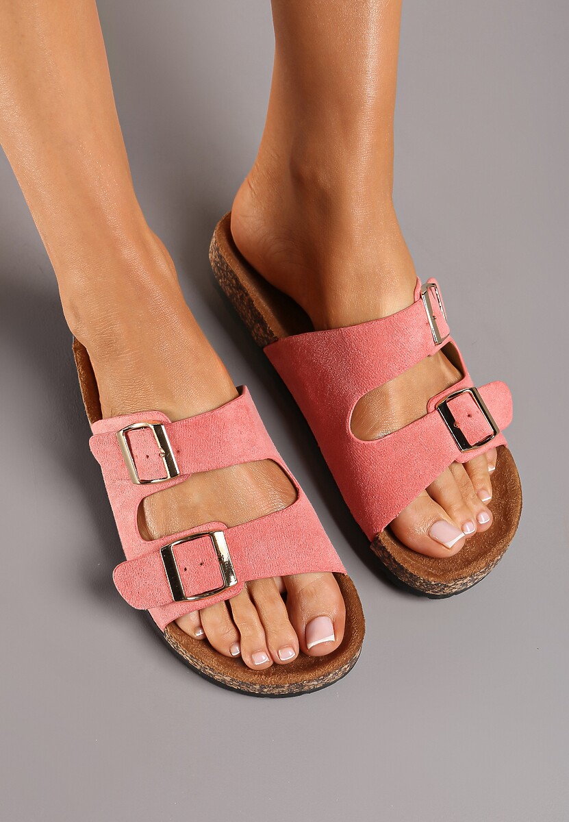 Różowe Klapki z Imitacji Zamszu na Podeszwie z Korka i Regulowanymi Paskami Naloenma 3