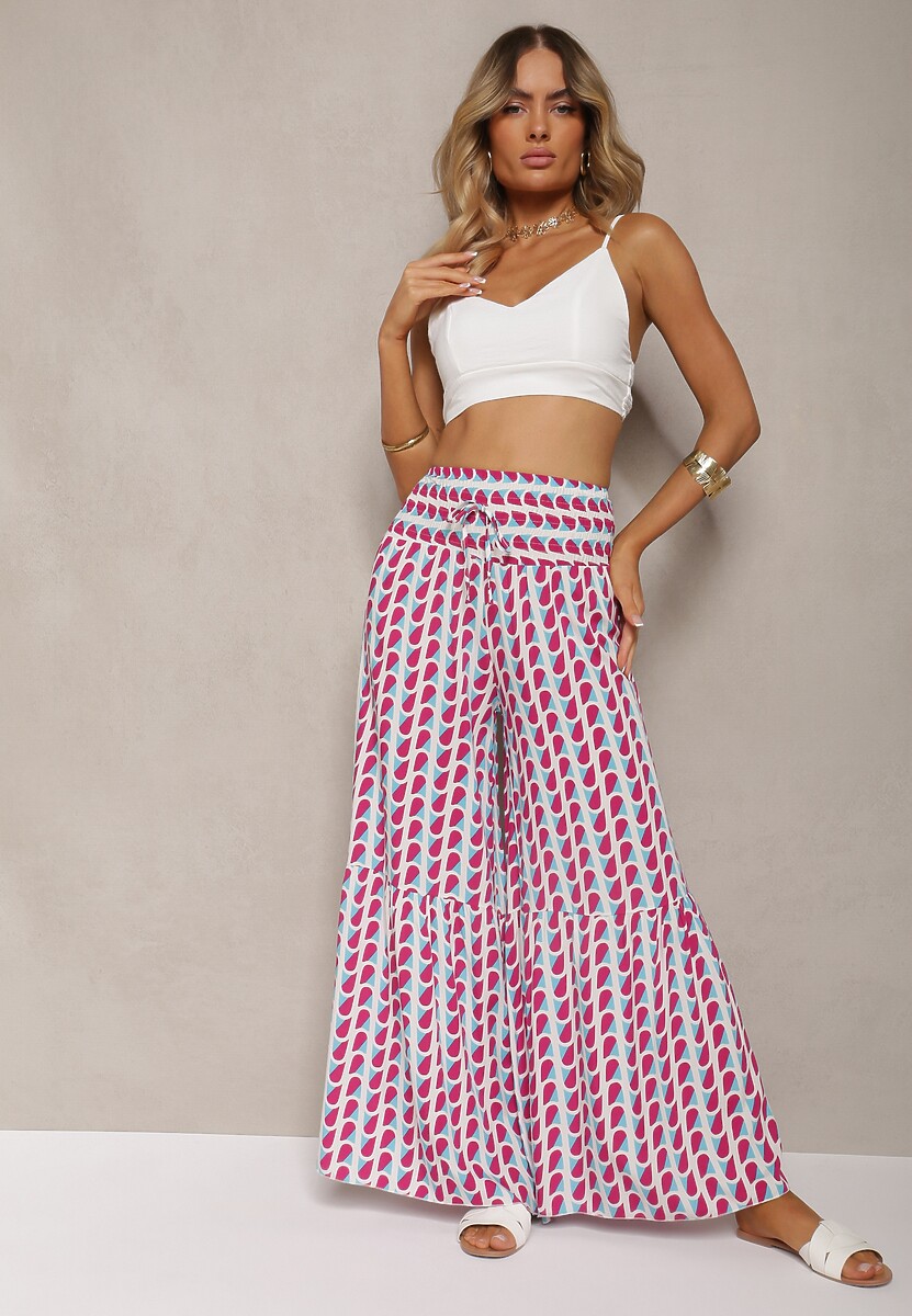 Fuksjowo-Białe Spodnie z Wiskozy High Waist Typu Palazzo z Gumką w Talii Tiimacella 2