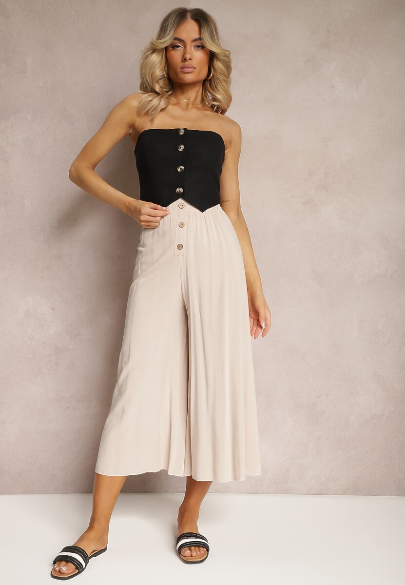 Bej Pantaloni Palazzo Vâscoză Elastic în Talie Decorați Nasturi Lungime 3/4 Efinna 2