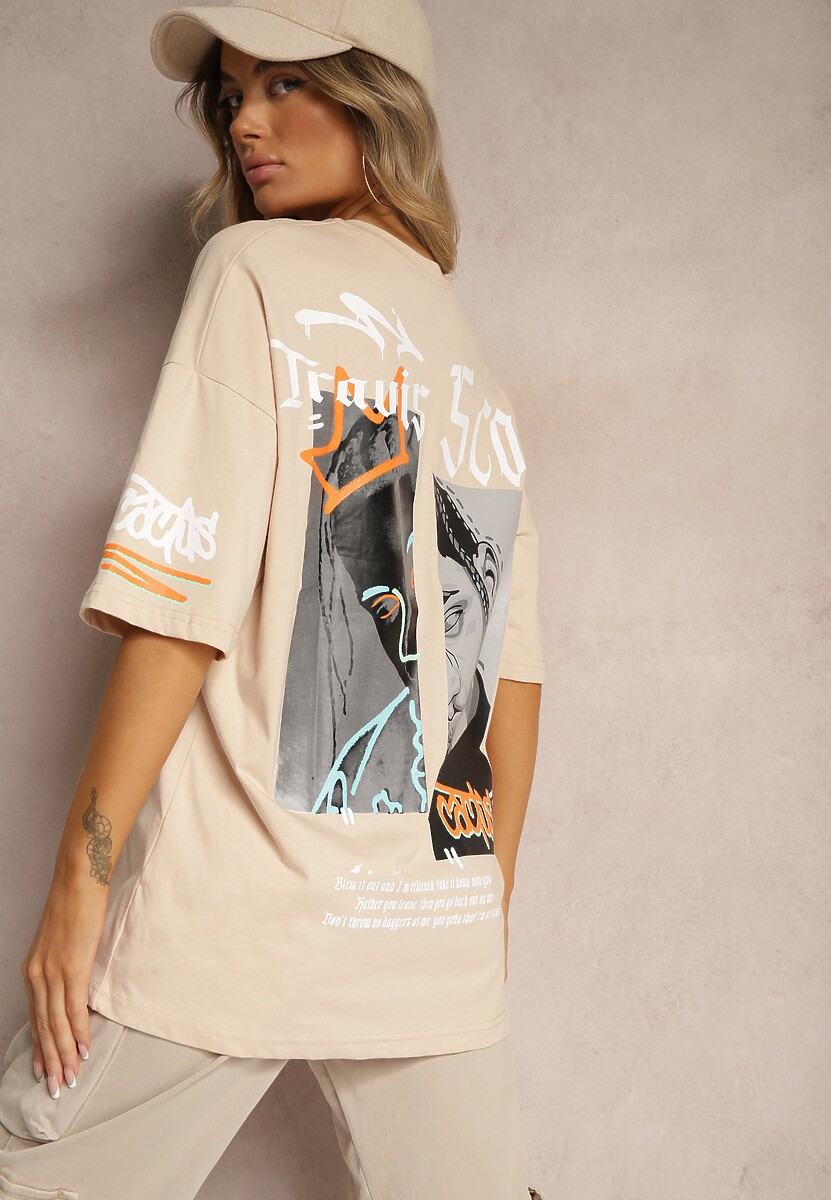 Beżowa Koszulka T-shirt Oversize z Nadrukiem z Elastycznej Bawełny Taralise 3
