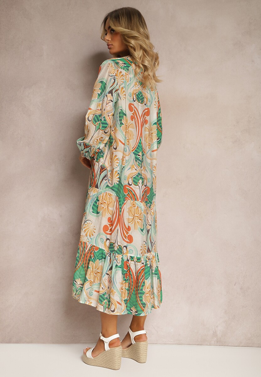 Rochie bej-verde cloș cu mânecă lungă și volan Dollati 3