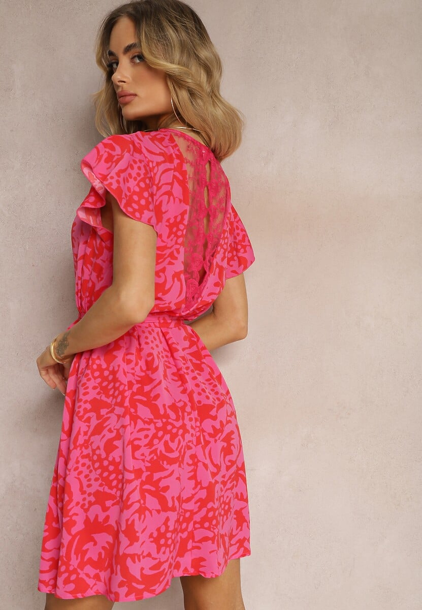 Rochie Fucsia cu Decolteu din Plasă cu Mânecă Scurtă și Curea Material Mleasa 3