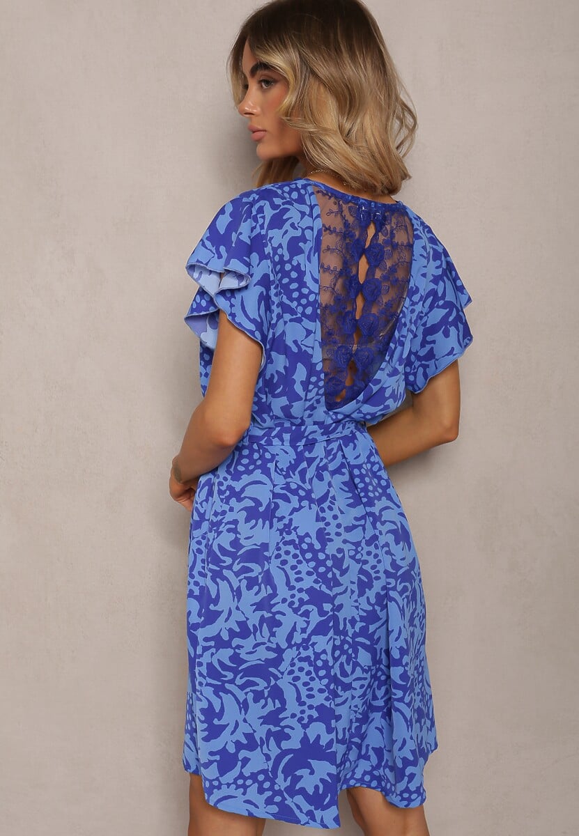 Rochie bleumarin în cutie cu model ornamental cu curea și inserție din dantelă Ceviana 3