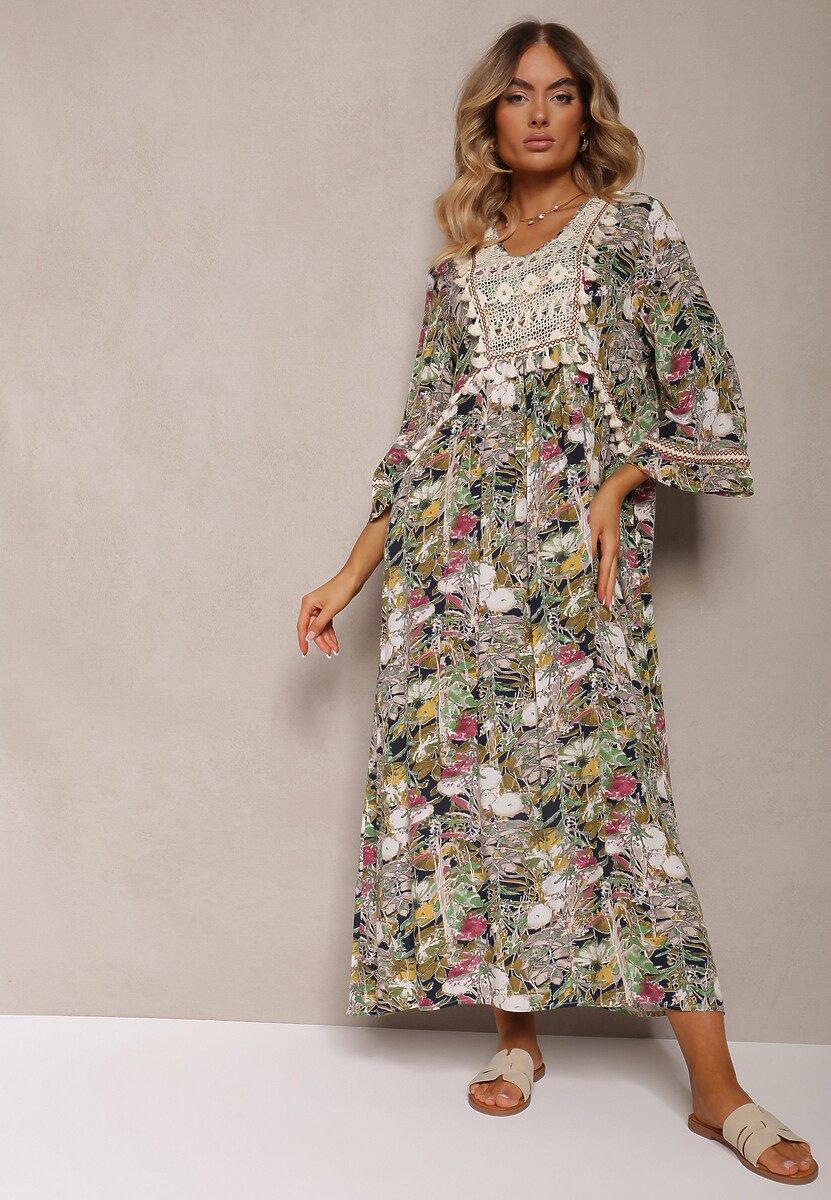Rochie Bej-Bleumarin Boho din Viscoză cu Dantelă și Ciucure Giorna 3
