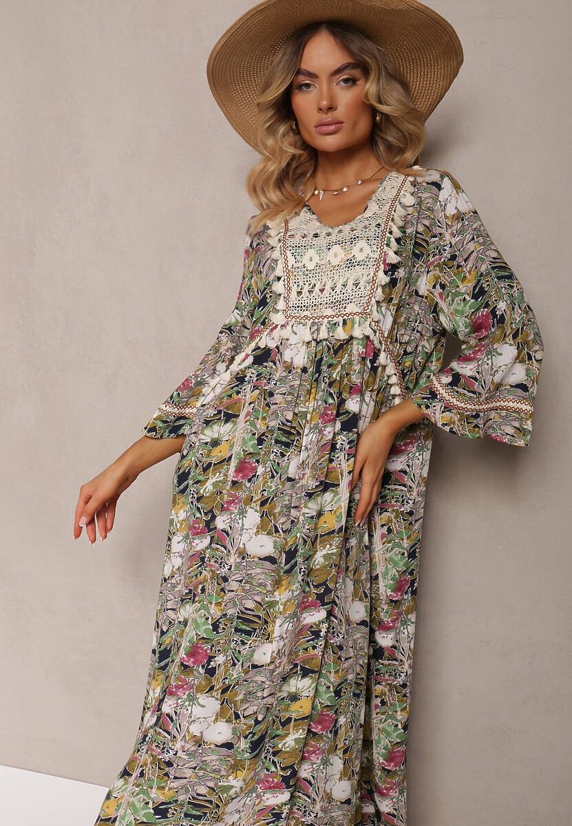 Rochie Bej-Bleumarin Boho din Viscoză cu Dantelă și Ciucure Giorna 1