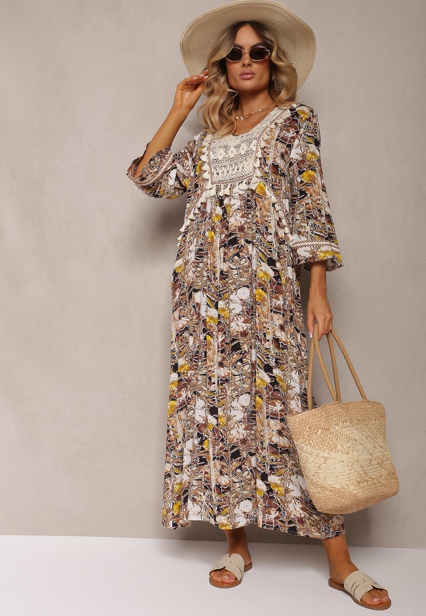 Rochie bej-negru boho din viscoză decorată cu dantelă și ciucuri Giorna 1