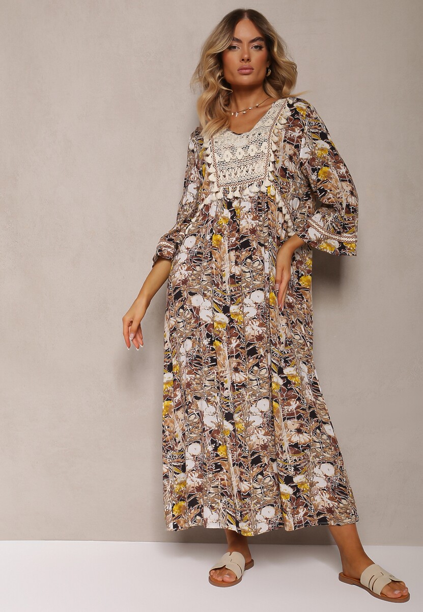 Rochie bej-negru boho din viscoză decorată cu dantelă și ciucuri Giorna 2