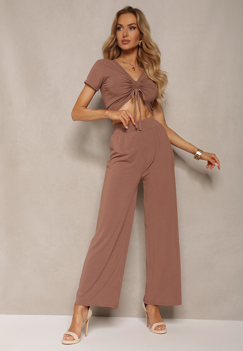 Bej Închis Compleu Tricou cu Șnur Pantaloni Largi cu Elastic în Talie Tolan 1