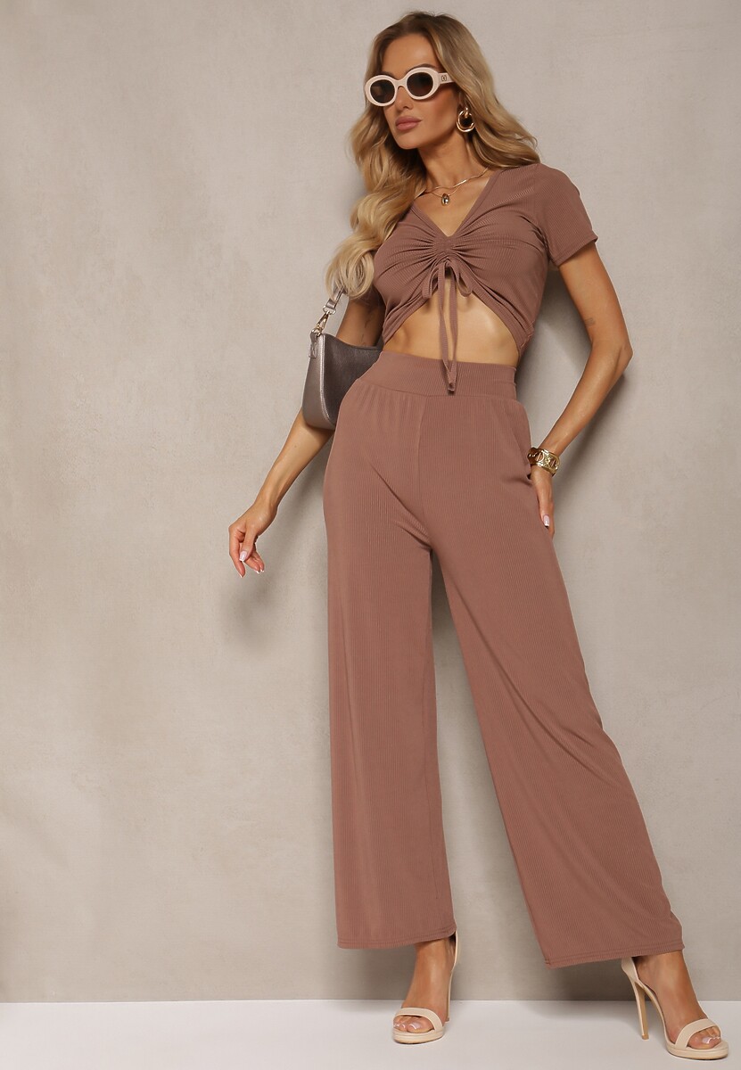 Bej Închis Compleu Tricou cu Șnur Pantaloni Largi cu Elastic în Talie Tolan 2