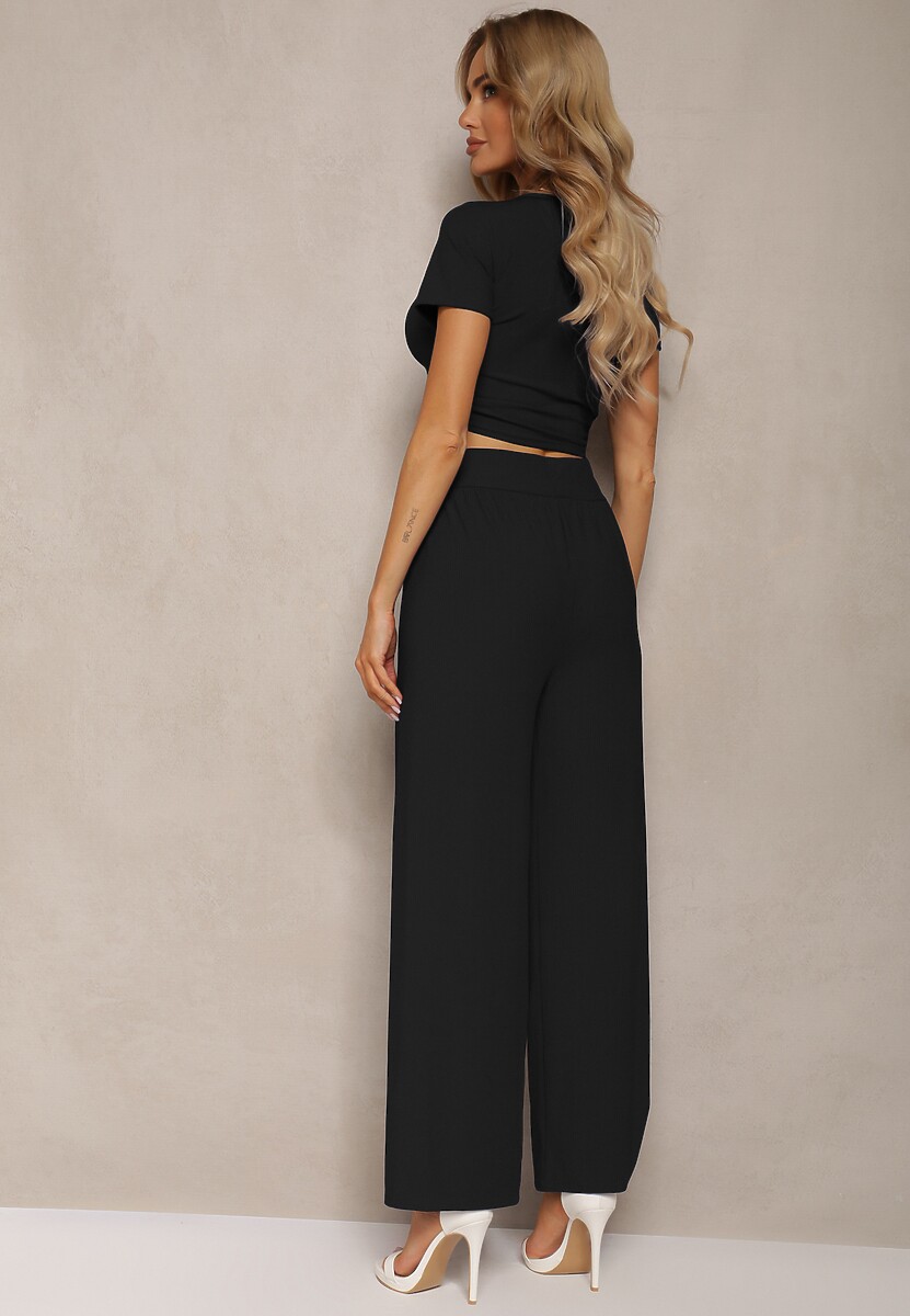 Set Negru Tricou cu Șnur Pantaloni Largi cu Elastic în Talie Tolan 3