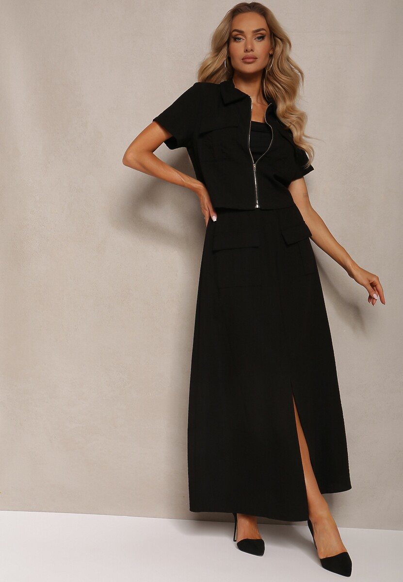 Set Negru Tip Utility Bluză cu Mânecă Scurtă Fustă cu Șliț și Elastic în Talie Dravia 1