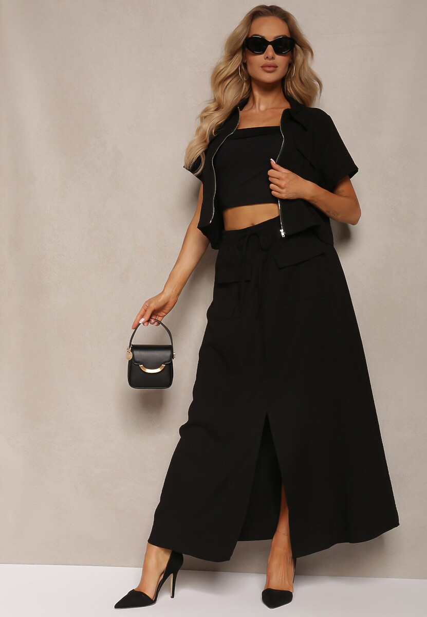 Set Negru Tip Utility Bluză cu Mânecă Scurtă Fustă cu Șliț și Elastic în Talie Dravia 2
