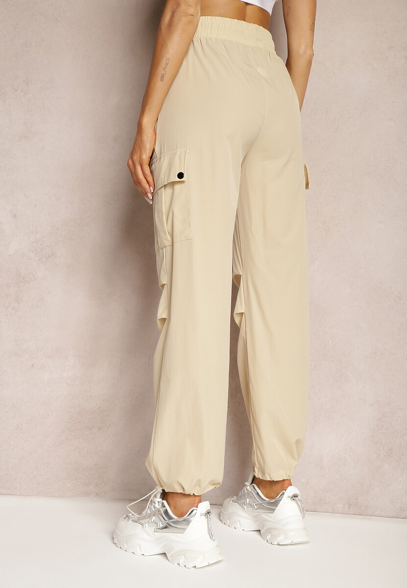 Pantaloni bej deschis High Waist stil cargo cu șnur în talie Elola 3