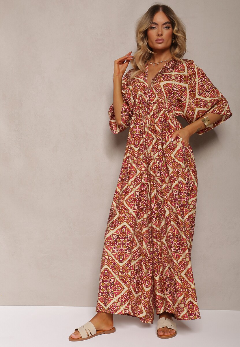 Fucsia-Bej Boho Salopetă cu Imprimeu Floral Spate Decoltat Elastic în Talie și Pantaloni Lungi Sopolia 2