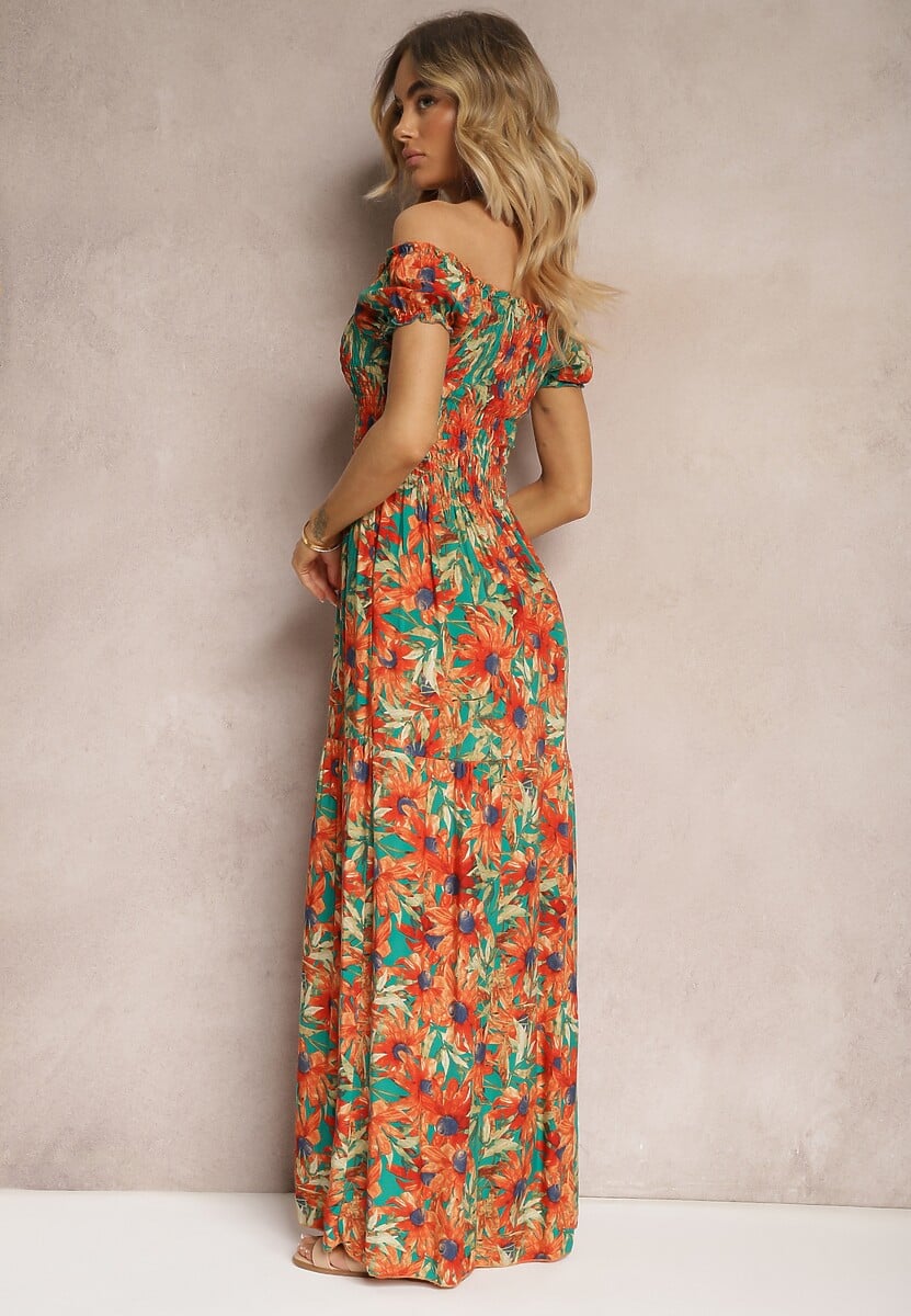 Rochie verde-portocalie evazată tip spaniol din viscoză cu imprimeu floral Viseria 3