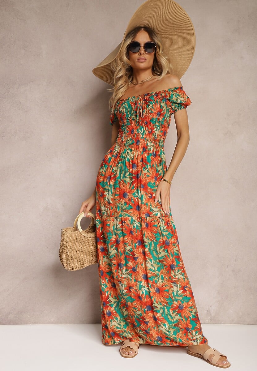 Rochie verde-portocalie evazată tip spaniol din viscoză cu imprimeu floral Viseria 1
