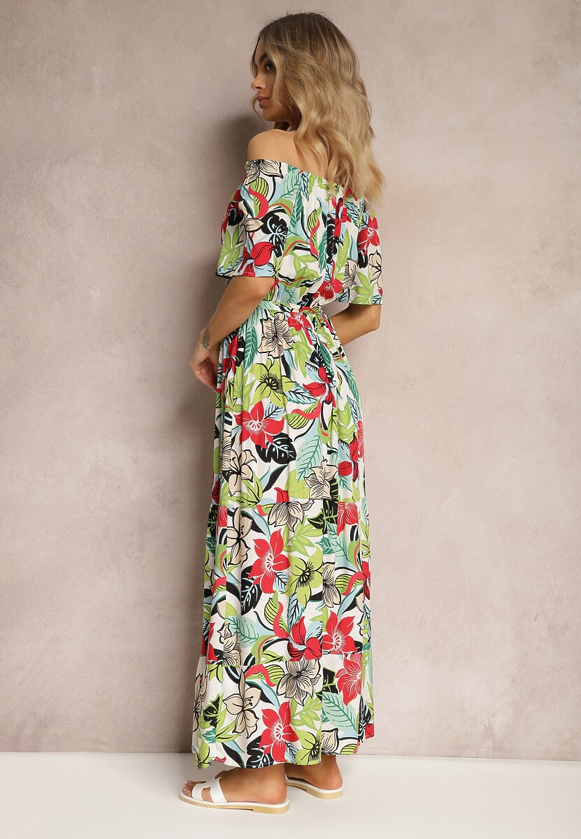 Rochie verde-roz din viscoză evazată cu curea în talie imprimeu floral Rosubia 3