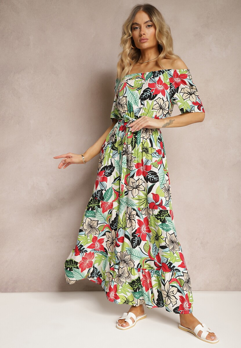 Rochie verde-roz din viscoză evazată cu curea în talie imprimeu floral Rosubia 2