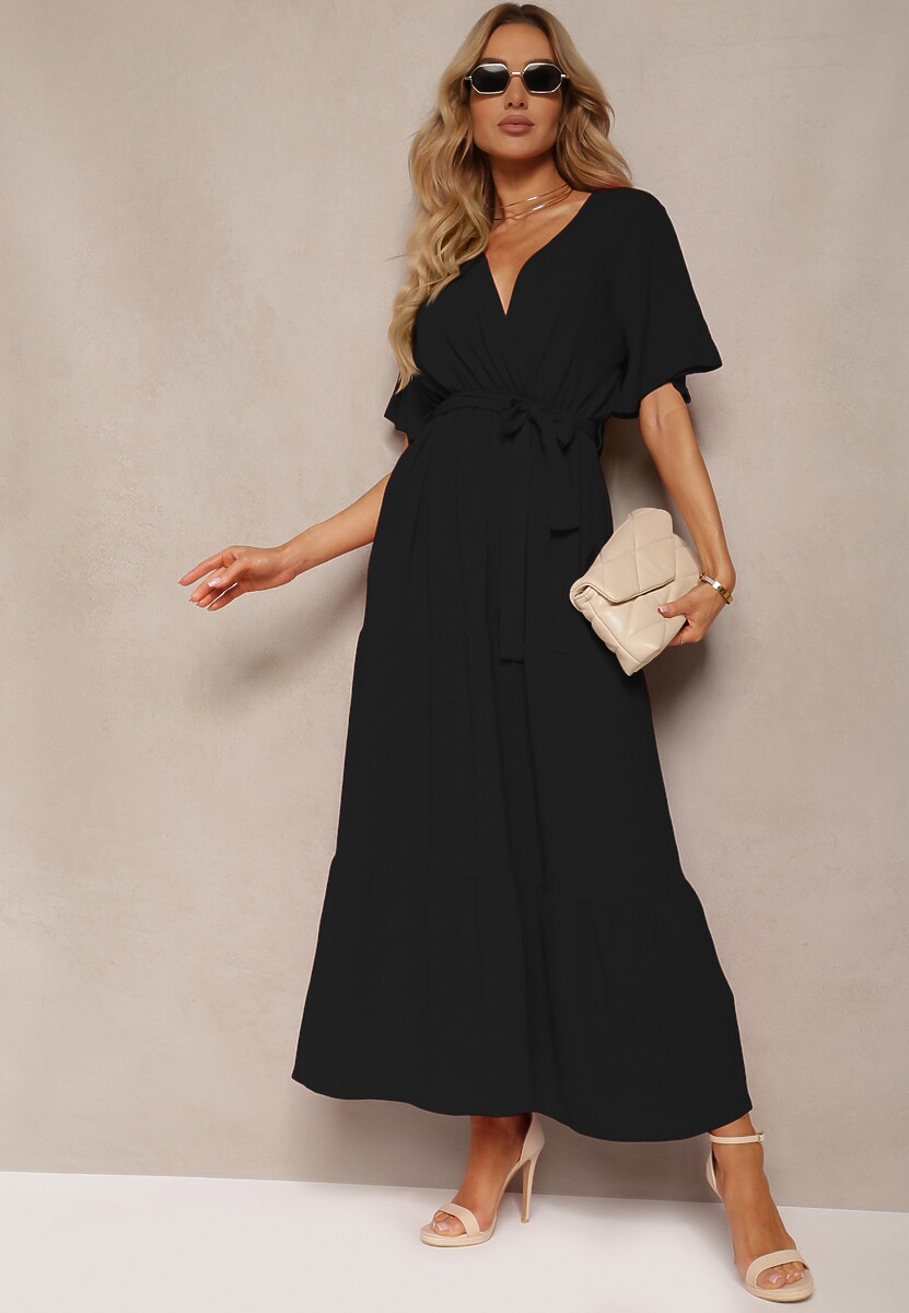 Rochie Neagră Maxi cu Elastic în Talie și Decolteu Adânc Chemiste 1