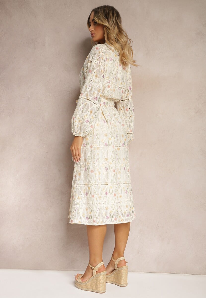 Rochie bej cloș cu curea din material și imprimeu floral Dimtina 3