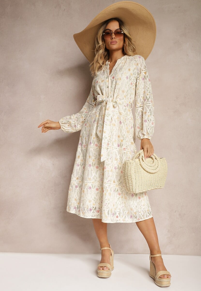 Rochie bej cloș cu curea din material și imprimeu floral Dimtina 2